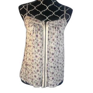 Poetry Cream Floral Print Spaghetti Strap Full Zip Front Tank Blouse Size Medium